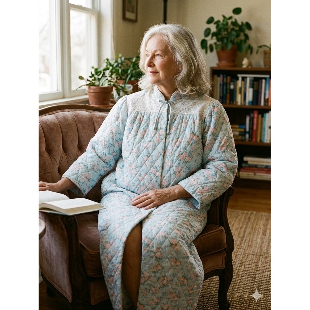 Miss Elaine Quilted Robe Blue Floral Lace Trim Snap Front Long Housecoat Small